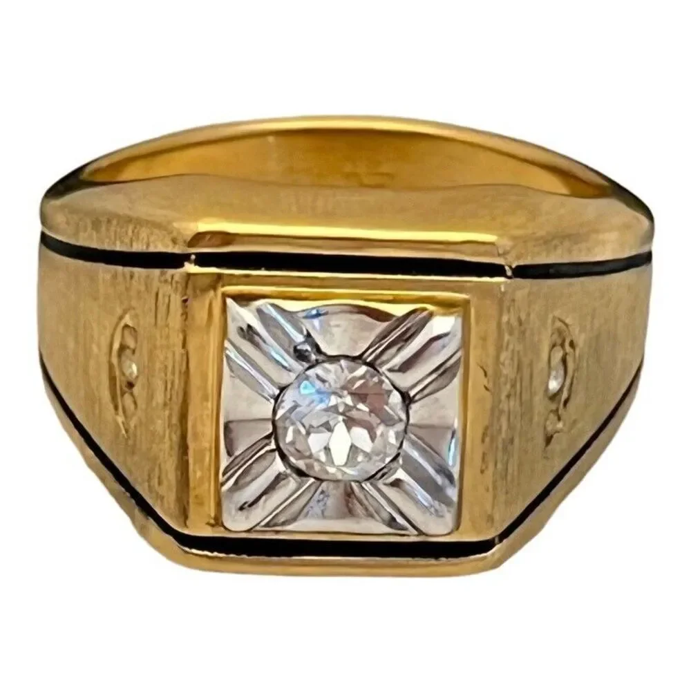 Vintage 1970s Ring Size 10 Uncas CZ Square Bezel Textured Gold Plated - 14O